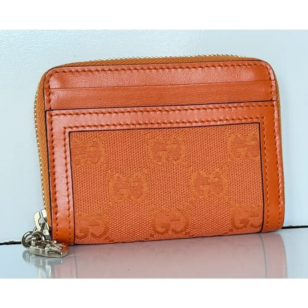 Gucci GG Print Bright Orange Zip Around Leather/Canvas Card Case Wallet IT NIB